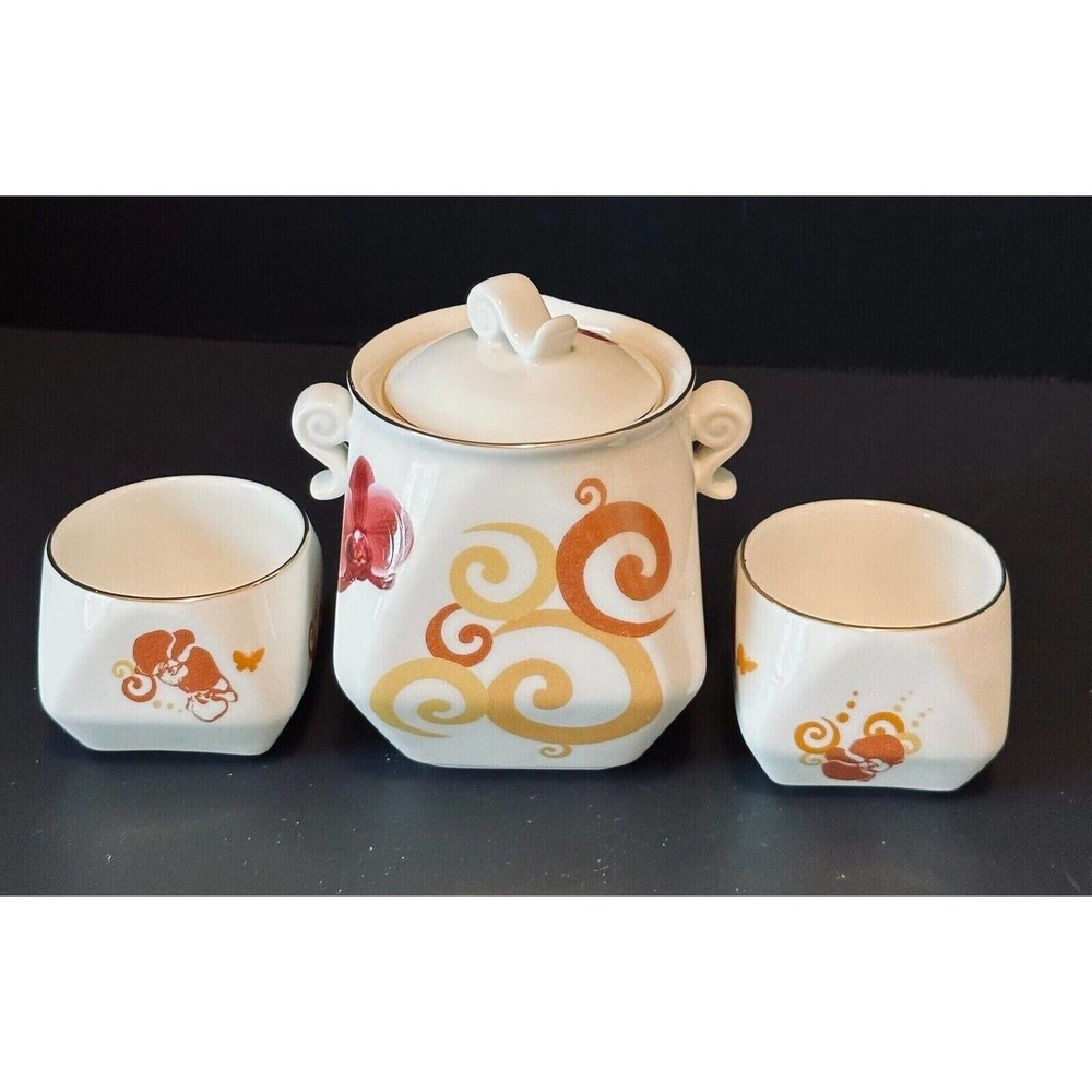 Unusual Oriental Style Tea Set-1 Pot 2 cups, Whimsical Swirls Pattern.